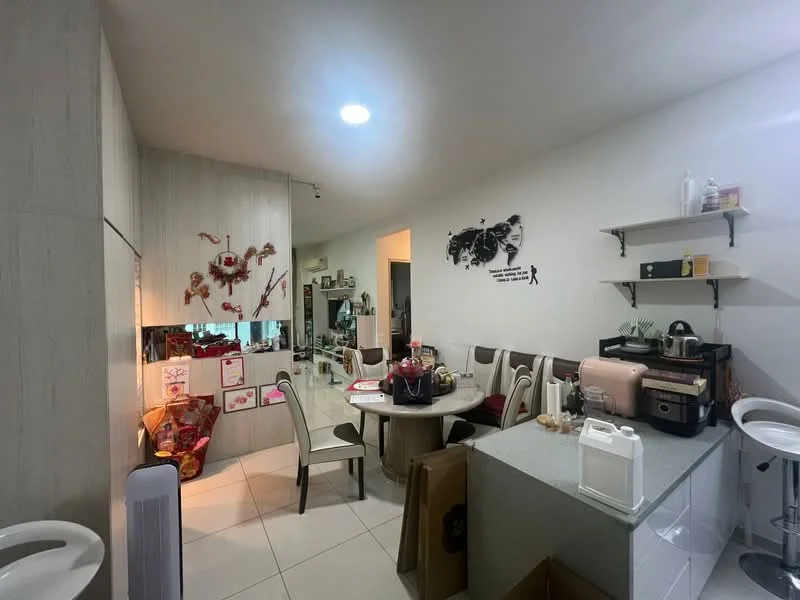 Kitchen features: white cabinetry, grey countertop, stainless-steel appliances, round dining table, upholstered dining chairs, open shelving, decorative wall art, tile flooring, recessed ceiling lights; style: modern.