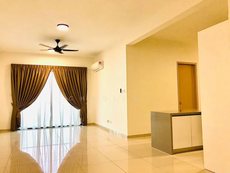 Living features: white painted walls, glossy floor tiles, 5-blade ceiling fan with light, floor-to-ceiling windows, sheer curtains, air conditioning unit, recessed ceiling lights, open layout with kitchen island; style: modern.