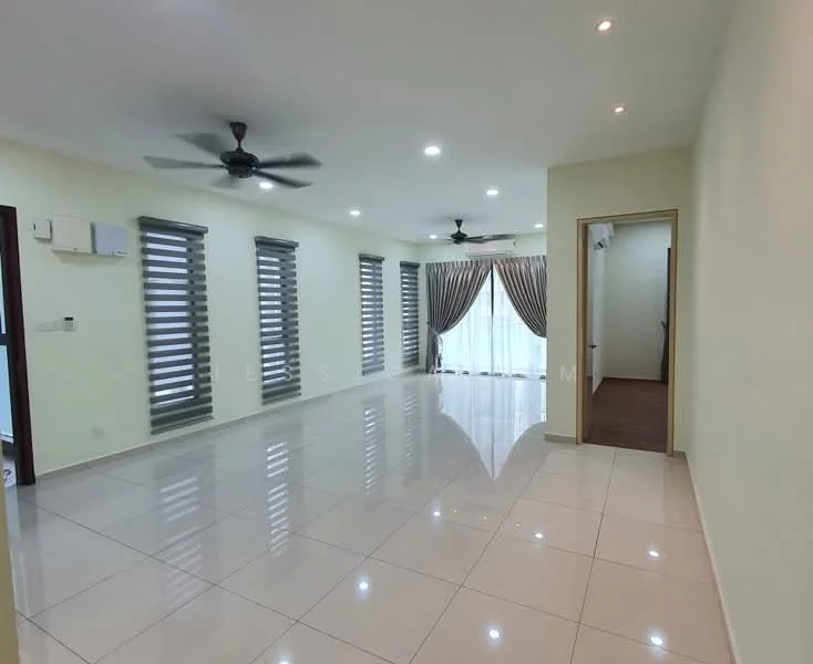 Living features: white painted walls, glossy ceramic tile flooring, 2 ceiling fans, floor-to-ceiling windows, sheer curtains, blackout curtains, recessed downlights, sliding glass door, decorative curtain rods, neutral color scheme, open layout; style: modern. Room features: doorway leading to another room, wood flooring visible in adjacent room.
