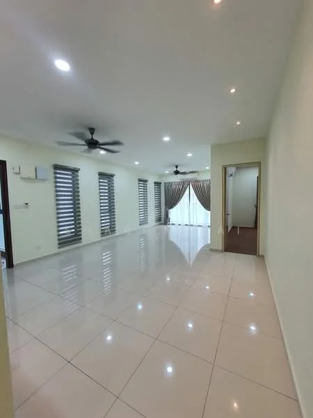 Living features: white painted walls, glossy ceramic tile flooring, 5-blade ceiling fan with light, recessed downlights, floor-to-ceiling windows, sheer curtains, curtains, air conditioning unit, doorway leading to another room; style: modern.