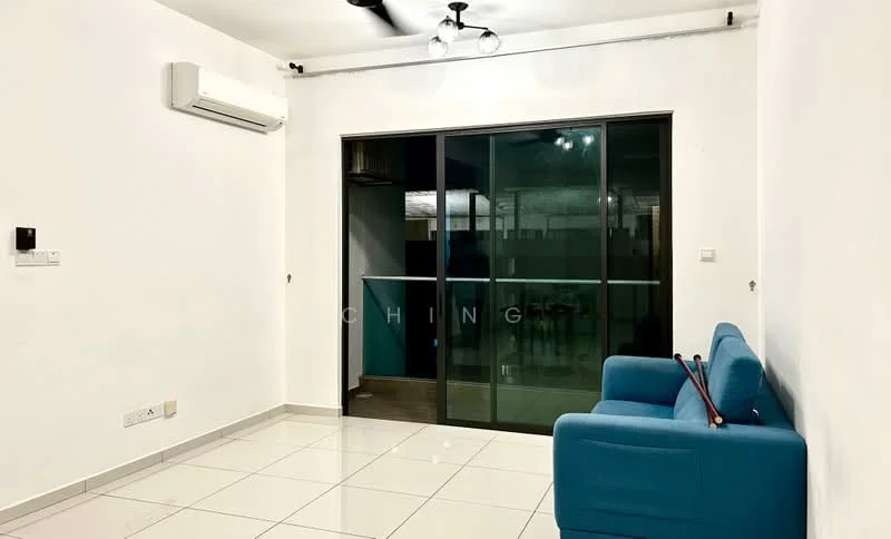 Living features: white painted walls, tile flooring, 5-blade ceiling fan with light, floor-to-ceiling sliding glass door, balcony view, 1 wall-mounted split AC, blue fabric sofa, decorative wall light, window treatments not visible; style: modern.