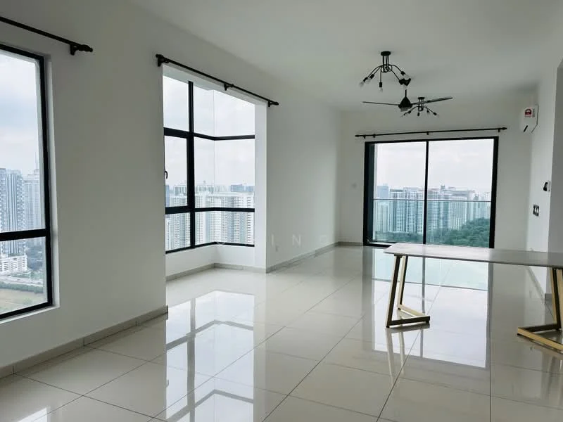 Living features: white painted walls, marble tile flooring, floor-to-ceiling windows, blackout curtains, 5-blade ceiling fan with light, modern light fixture, open layout, city skyline view; style: modern; view: city.