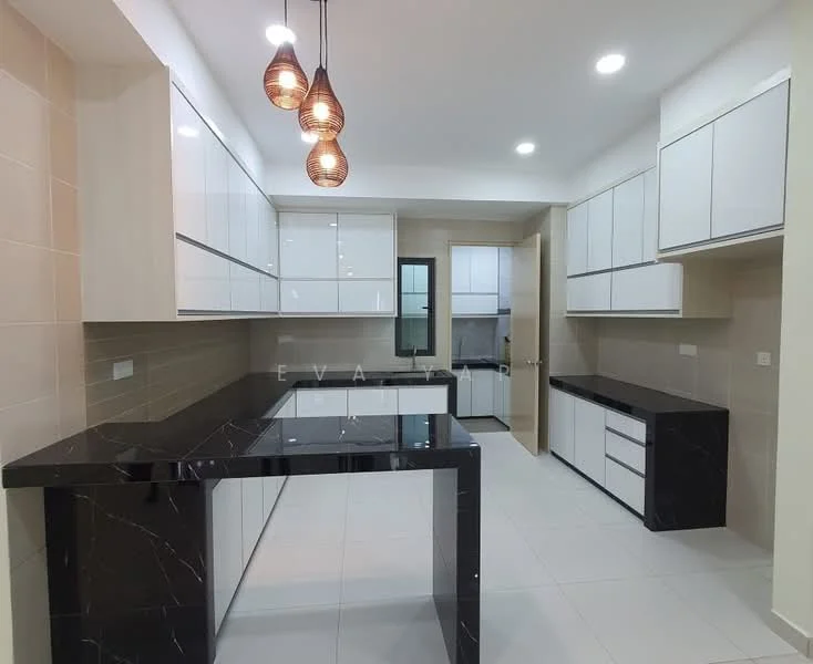 Kitchen features: black granite countertop, white flat-panel cabinets, built-in oven, stainless-steel sink, chrome pull-down faucet, pendant lighting with three bulbs, ceramic tile flooring, wall-mounted cabinets, open shelving, window for natural light, recessed LED downlights; style: modern.