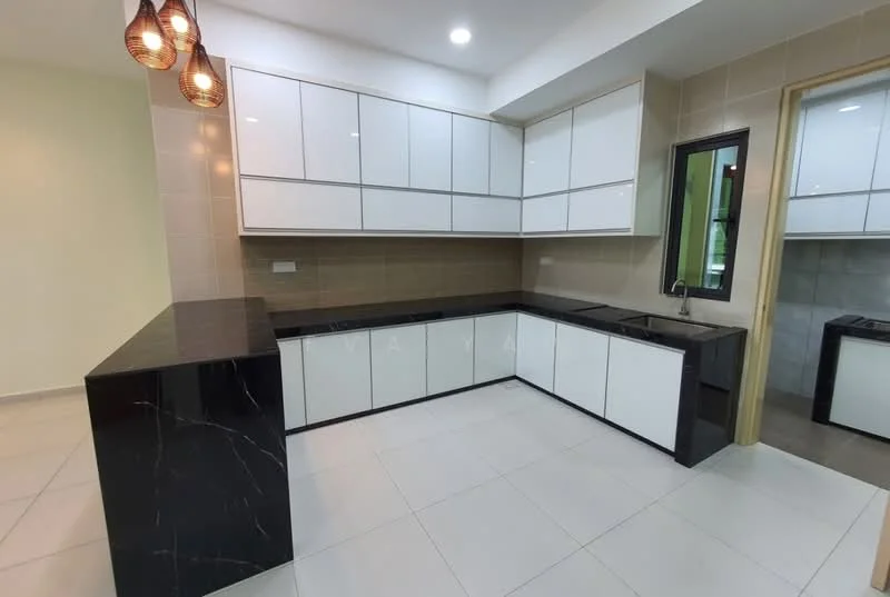 Kitchen features: white flat-panel cabinets, black granite countertop, stainless-steel sink, chrome pull-down faucet, tile backsplash, recessed downlights, pendant lights, ceramic tile flooring, window with black frame, built-in cabinetry, open shelving; style: modern.