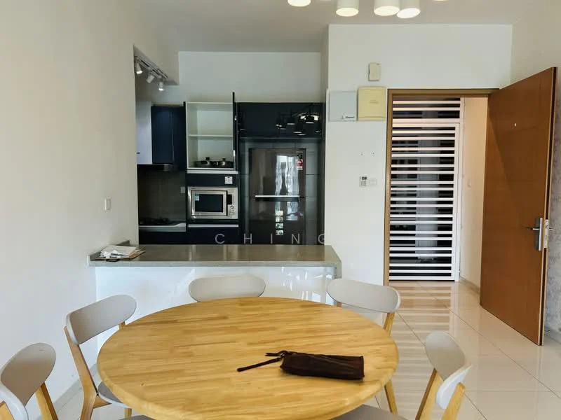 Kitchen features: black stainless-steel fridge, built-in microwave, ceramic cooktop, white cabinetry, grey countertop, pendant lighting, open shelving, dining table with wooden top, white tiled flooring, wall-mounted oven, kitchen island, modern faucet; style: modern. Dining features: round wooden dining table, 4 wooden dining chairs; style: modern.