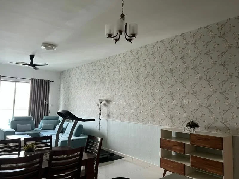 Living features: light grey wallpaper with floral pattern, white painted walls, white ceiling, 5-blade ceiling fan, chandelier with three lights, large sliding glass door, floor-to-ceiling windows, light blue fabric sofa, treadmill, wooden dining table with six chairs, white sideboard with wooden accents, decorative plant on table, curtains in light brown, tile flooring; style: modern; view: city.