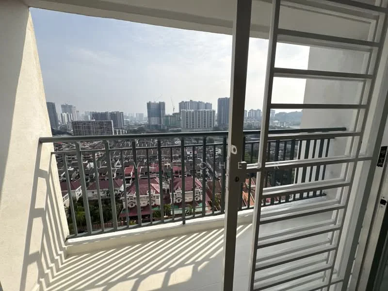Room features: metal railing, concrete walls, floor-to-ceiling windows, city skyline view, outdoor balcony space, sunlight casting shadows, grey metal ladder, white painted walls; style: modern; view: city.