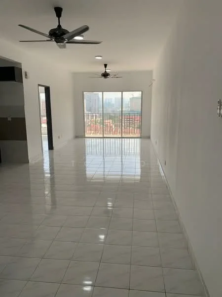 Living features: white painted walls, glossy white tile flooring, 2 ceiling fans, large floor-to-ceiling windows, balcony access, city view, recessed lighting, open layout; style: modern; view: city.