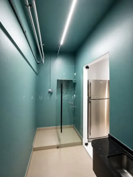 Laundry features: green painted walls, tile flooring, single-bowl stainless-steel sink, stainless-steel fridge, glass shower enclosure, shower head, overhead lighting, plumbing fixtures; style: modern.