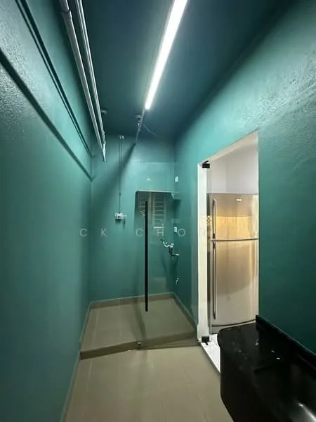 Laundry features: teal painted walls, tile flooring, glass shower enclosure, stainless-steel fridge, black countertop, overhead lighting, plumbing fixtures, shelving unit; style: modern.