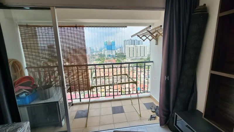 Room features: sliding glass door, balcony railing, city skyline view, tile flooring, bamboo blinds, clothes drying rack, curtains, storage shelf, outdoor furniture; style: modern; view: city.