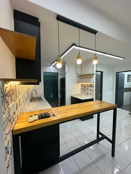 Kitchen features: wooden countertop, black cabinetry, white tiled backsplash with patterned tiles, stainless-steel sink, chrome pull-down faucet, 3 pendant lights, white quartz countertop, built-in cabinets, wall-mounted cabinets, ceramic tile flooring, open shelving, kitchen island with seating; style: modern.