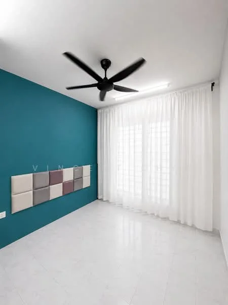 Room features: blue accent wall, white painted walls, white sheer curtains, floor-to-ceiling windows, ceiling fan, white tiled flooring, decorative wall panels in beige and grey, LED strip lighting; style: modern.