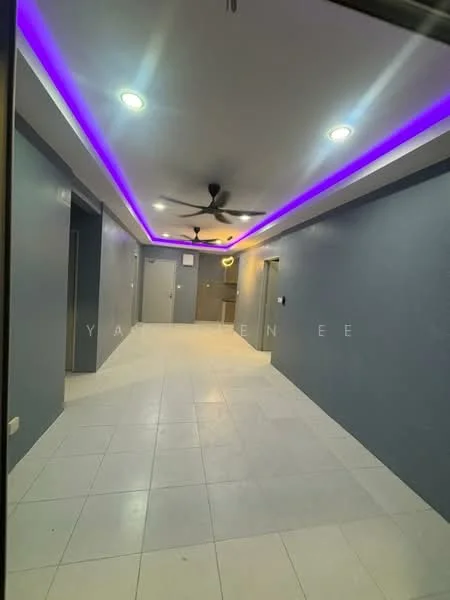 Room features: grey painted walls, white tiled flooring, recessed downlights, ceiling fan, purple LED strip lighting, multiple doorways, open layout, no visible furniture; style: modern.
