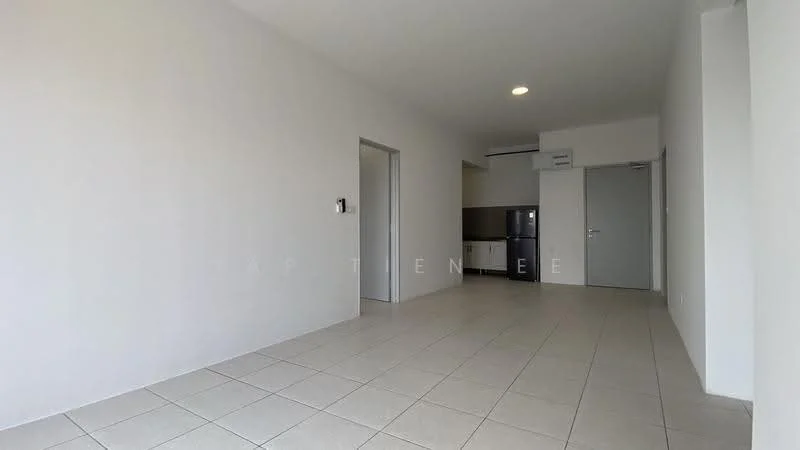 Room features: white painted walls, tile flooring, recessed downlights, open layout, kitchen area visible, fridge visible, doorway to another room, neutral color scheme; style: modern.