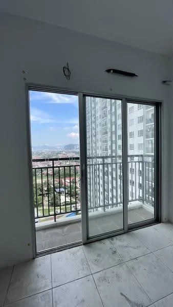 Room features: sliding glass door, floor-to-ceiling windows, white painted walls, tile flooring, balcony view, city skyline view; view: city.