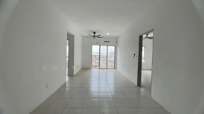 Living features: white painted walls, tile flooring, 5-blade ceiling fan, floor-to-ceiling sliding glass door, balcony access, natural light from windows, neutral color scheme, open layout; style: modern; view: city.