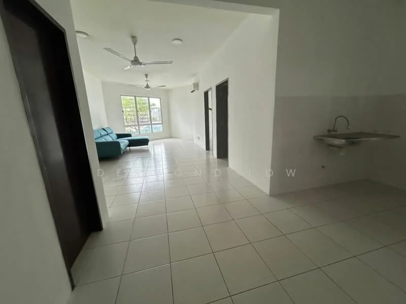 Living features: white painted walls, tile flooring, 5-blade ceiling fan, floor-to-ceiling windows, greenery view, sofa in teal, air conditioning unit, wall-mounted door, doorway leading to other rooms, sink with faucet; style: modern; view: garden.