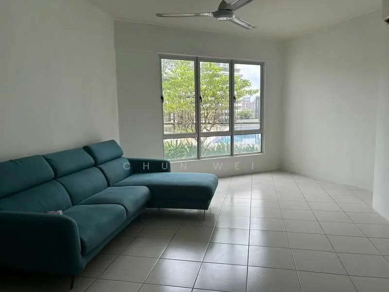 Living features: 3-seater fabric sofa in teal, floor-to-ceiling windows, white painted walls, tile flooring, ceiling fan, natural light from windows, view of greenery, view of swimming pool; style: modern; view: garden.