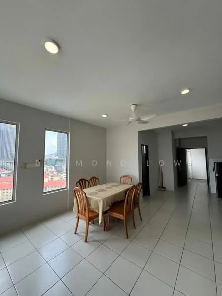 Dining features: white painted walls, tile flooring, 5-blade ceiling fan, dining table with beige tablecloth, 4 wooden dining chairs, floor-to-ceiling windows, natural light, open layout to living area; style: modern; view: city. Room features: white painted walls, tile flooring, doorway leading to hallway, doorway leading to kitchen.