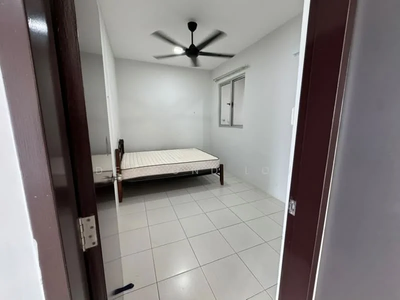 Bedroom features: white painted walls, tile flooring, ceiling fan, window with view, unmade bed frame, neutral color scheme.