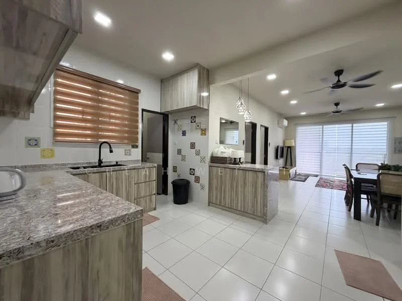 Kitchen features: granite countertop, single-bowl stainless-steel sink, chrome pull-down faucet, wood cabinetry with a light finish, tile backsplash with decorative pattern, built-in oven, freestanding range oven, recessed LED downlights, floor-to-ceiling windows with wooden blinds, open layout to dining area, ceramic tile flooring; style: modern. Dining features: 6-seater dining table, upholstered dining chairs, area rug, pendant lighting, wall-mounted mirror; style: modern.