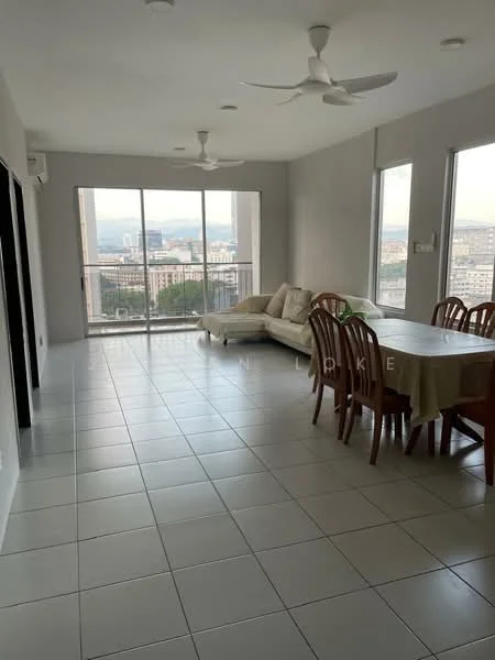 Living features: white painted walls, tile flooring, 5-blade ceiling fan, floor-to-ceiling windows, sliding glass door, sofa, dining table with chairs, city view; style: modern; view: city.