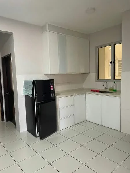 Kitchen features: white cabinetry, black refrigerator, single-bowl stainless-steel sink, chrome pull-down faucet, white tiled backsplash, white countertop, ceramic tile flooring, window with natural light, built-in cabinets, open shelving; style: modern.