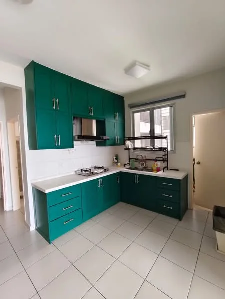 Kitchen features: green cabinetry, white countertop, stainless-steel gas hob, built-in range hood, double-bowl stainless-steel sink, wall-mounted shelving unit, white tiled backsplash, ceramic tile flooring, window with natural light, recessed ceiling light; style: modern.