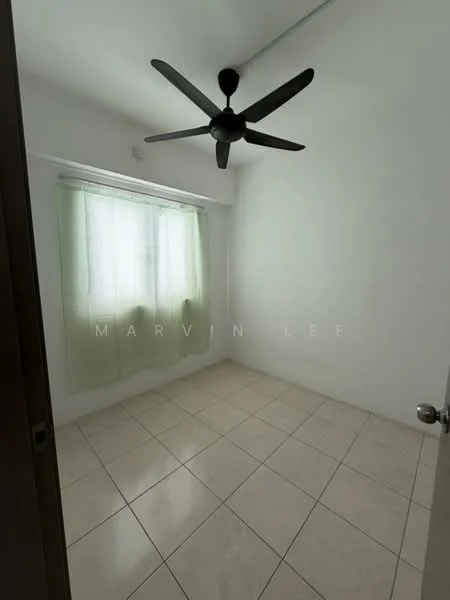 Room features: white painted walls, tile flooring, 5-blade ceiling fan, window with sheer green curtains, natural light from window.