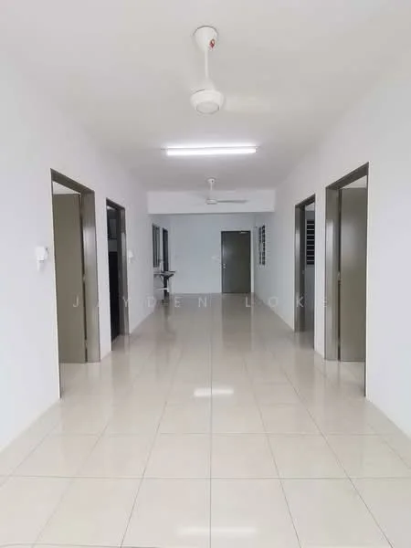 Room features: white painted walls, glossy ceramic tile flooring, ceiling fan, recessed LED downlights, multiple doorways, open hallway layout, neutral color scheme; style: modern.