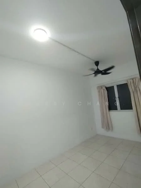 Room features: white painted walls, tile flooring, ceiling fan, window with curtains, light fixture.
