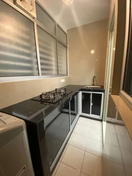 Kitchen features: black granite countertop, stainless-steel sink, chrome pull-down faucet, two-burner gas hob, built-in cabinetry, white tiled flooring, large window with frosted glass, washing machine, light fixture, wall-mounted cabinets; style: modern.