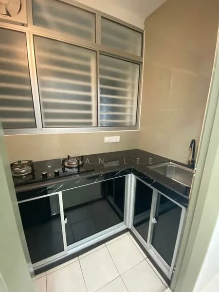 Kitchen features: black granite countertop, stainless-steel sink, chrome pull-down faucet, two-burner gas hob, glass cabinet doors, tile backsplash, white tiled walls, white tiled flooring, window with frosted glass, under-cabinet lighting; style: modern.