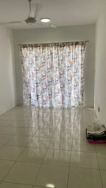 Room features: white painted walls, glossy ceramic tile flooring, 5-blade ceiling fan, floor-to-ceiling windows with floral curtains, natural light from windows, neutral color scheme, no visible furniture, clean and uncluttered space; style: modern.
