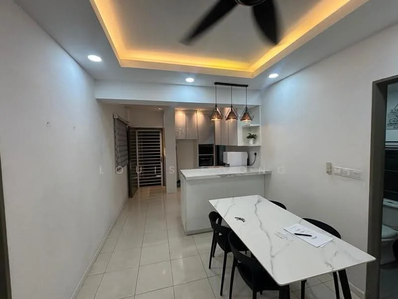 Kitchen features: white painted walls, marble countertop, kitchen island, pendant lights, 5-blade ceiling fan with light, stainless-steel fridge, built-in oven, white cabinetry, ceramic tile flooring, recessed LED downlights, dining table with black chairs; style: modern.