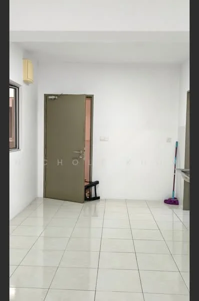 Room features: white painted walls, glossy ceramic tile flooring, single door, window, clean and uncluttered space; style: modern.