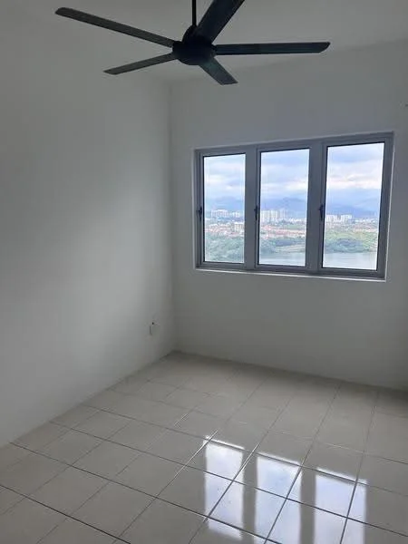 Room features: white painted walls, glossy ceramic tile flooring, floor-to-ceiling windows, 3-blade ceiling fan, city view; style: modern; view: city.