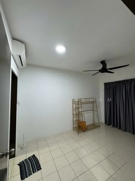 Room features: white painted walls, tile flooring, 5-blade ceiling fan, recessed LED downlight, floor-to-ceiling window with grey curtains, open shelving unit, air conditioning unit, black and white striped rug; style: modern.