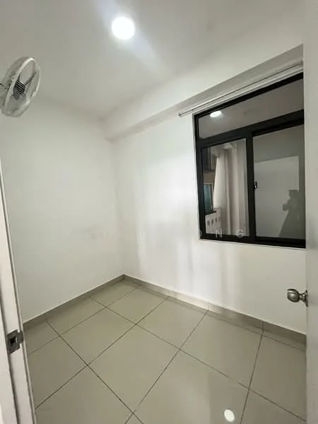 Room features: white painted walls, tile flooring, 1 window with black frame, roller blinds, ceiling light, 1 wall-mounted ceiling fan; style: modern.