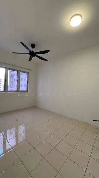 Room features: white painted walls, tile flooring, ceiling fan, single light fixture, two windows, neutral color scheme.