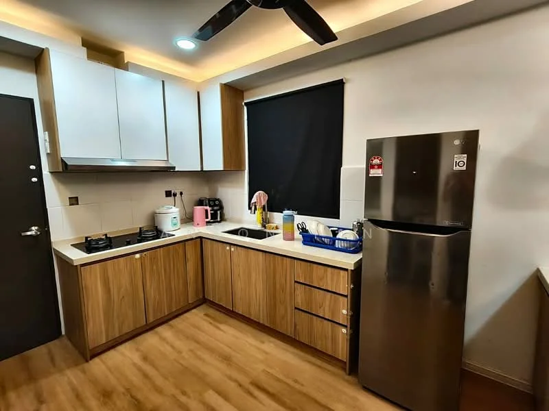 Kitchen features: laminate wood cabinetry in brown, white countertop, stainless-steel fridge, built-in gas hob, exhaust hood, single-bowl stainless-steel sink, chrome pull-down faucet, black roller blinds, wood-look vinyl flooring, recessed LED downlights, wall-mounted storage shelves, kitchen appliances including kettle and coffee machine; style: modern.