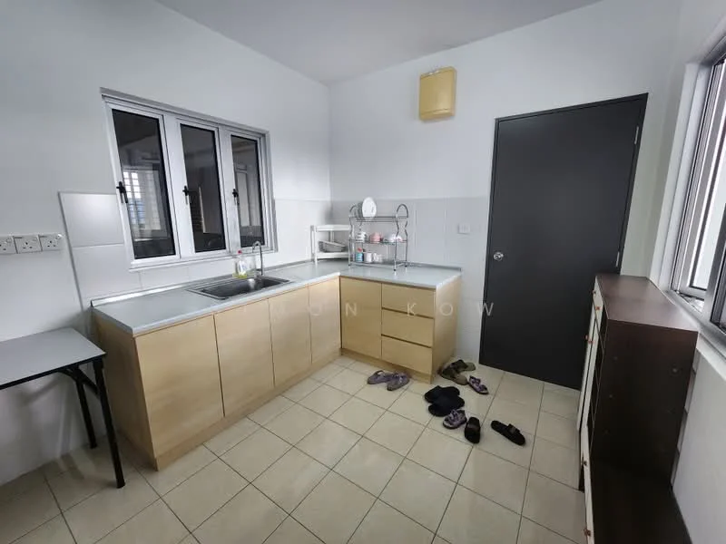 Kitchen features: L-shaped kitchen layout, light wood cabinetry, grey countertop, single-bowl stainless-steel sink, chrome faucet, tile backsplash, ceramic tile flooring, two windows with black grills, white painted walls, overhead light fixture, table with metal legs, floor space with shoes; style: modern.
