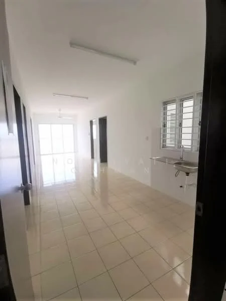Room features: white painted walls, glossy tile flooring, ceiling lights, windows with metal grilles, sink with faucet, open layout, doorways leading to other rooms; style: modern.
