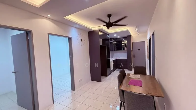 Dining features: dining table with 4 chairs, white tiled flooring, recessed ceiling lights, 5-blade ceiling fan, wall-mounted cabinets, open kitchen layout, neutral wall color, doorway to kitchen, doorway to hallway; style: modern. Room features: white walls, white tiled flooring, doorway to living area, doorway to bedroom.