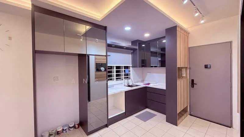 Kitchen features: white quartz countertop, double-bowl stainless-steel sink, chrome pull-down faucet, wood cabinetry in light finish, dark grey cabinetry, built-in oven, ceramic tile flooring, recessed LED downlights, window with blinds, open shelving, kitchen island, wall-mounted storage, neutral wall colour; style: modern.