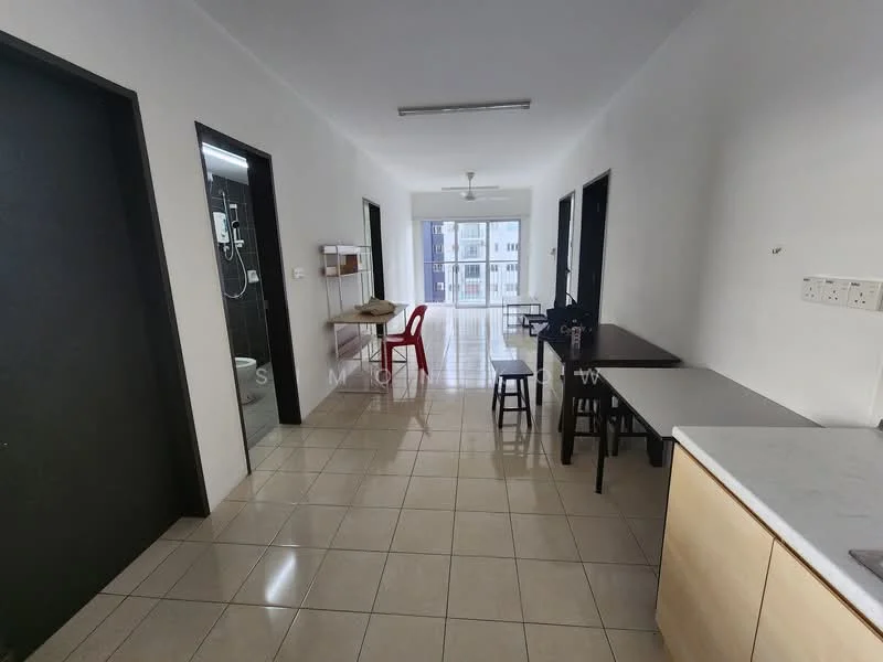 Room features: white painted walls, glossy tile flooring, ceiling lights, ceiling fan, open layout, dining table, wooden dining chairs, red plastic chair, kitchen cabinetry, glass door leading to balcony, large windows, natural light; style: modern; view: city.