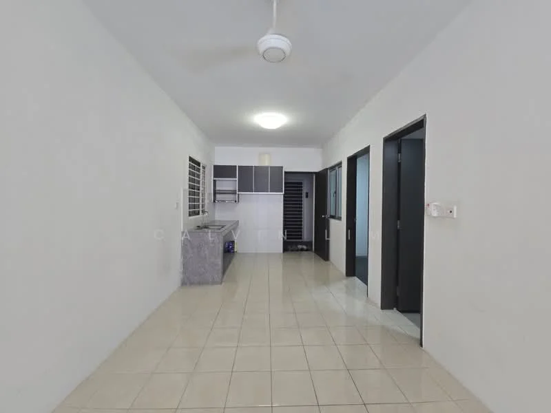 Room features: white painted walls, glossy tile flooring, ceiling fan, kitchen cabinetry with grey finish, stainless-steel sink, countertop with grey surface, window with horizontal slats, door frames in dark color, open layout, light fixture in ceiling; style: modern.