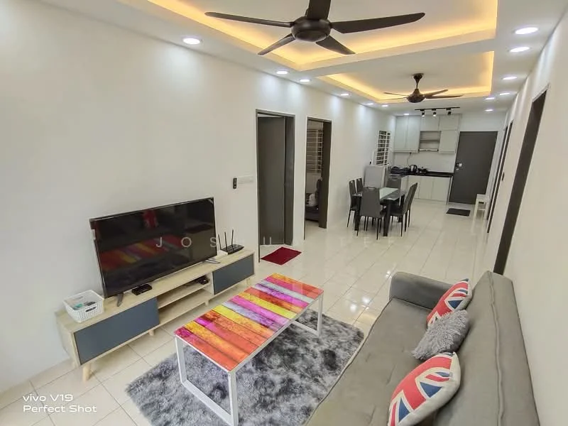 Living features: 3-seater fabric sofa in grey, coffee table with colorful top, area rug with geometric pattern, wall-mounted TV, TV console with storage, 5-blade ceiling fan with light, recessed LED downlights, white painted walls, glossy tile flooring, dining area with 6-seater dining table visible in background, open-plan layout connecting to kitchen; style: modern. Kitchen features: white cabinetry, black countertop, built-in oven, stainless-steel sink, 4-burner gas hob, refrigerator, tile backsplash, open layout to living area; style: modern.