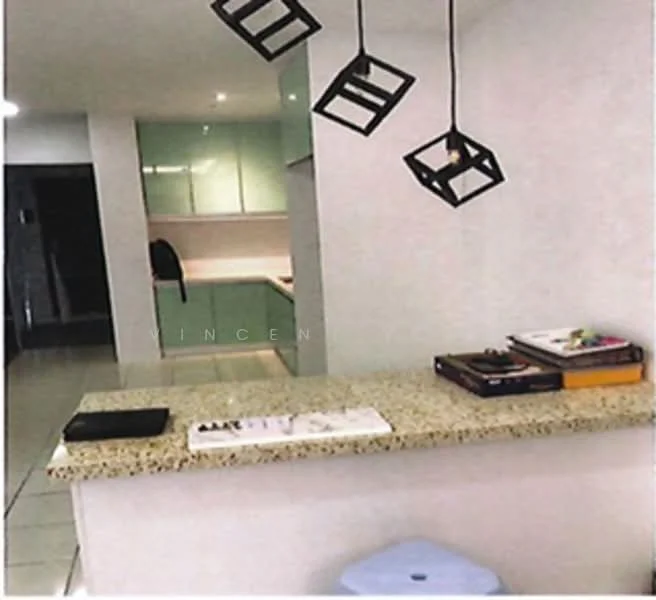 Kitchen features: granite countertop, green cabinetry, pendant lighting with geometric design, open layout, tile flooring, built-in appliances, wall-mounted cabinets, kitchen island; style: modern.